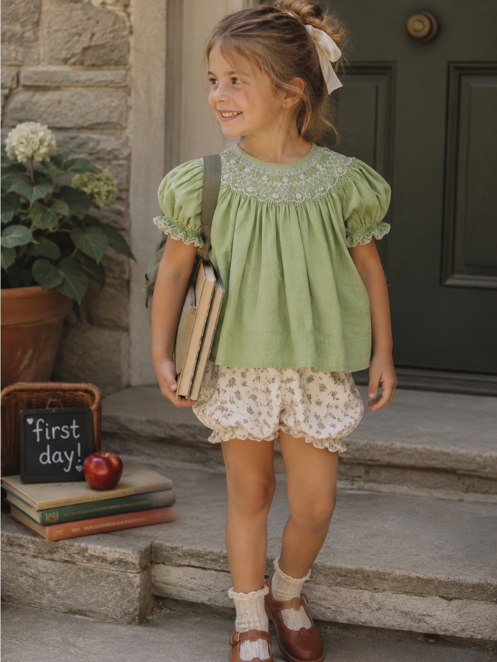 Smocked Auctions Green Bishop Top Size 4T Hand Smocked Embroidered